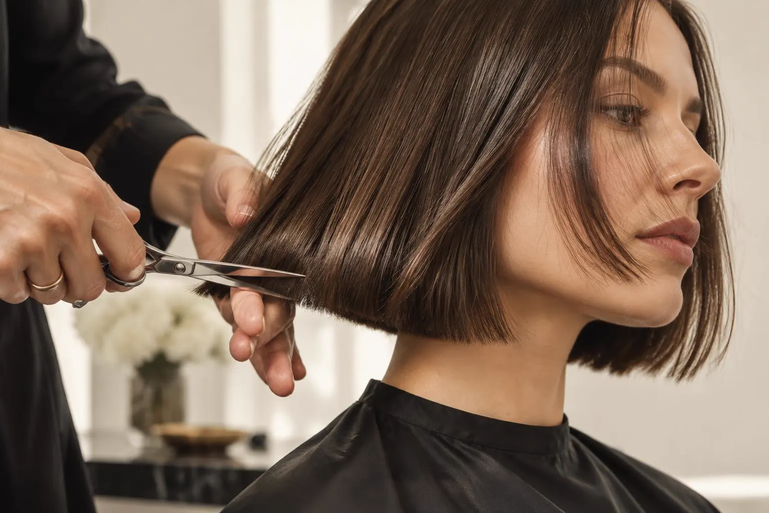 A precise bob being cut in the studio