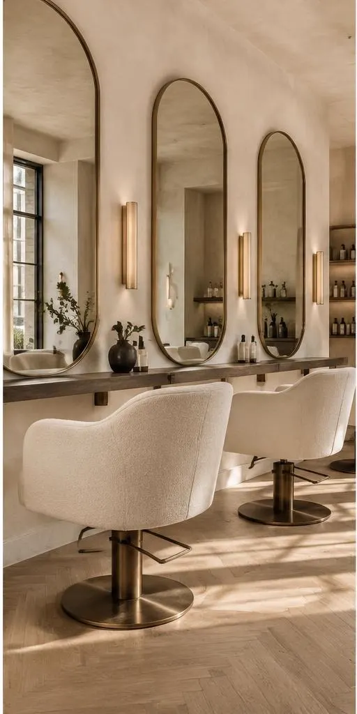 Curved brass mirrors and ivory chairs