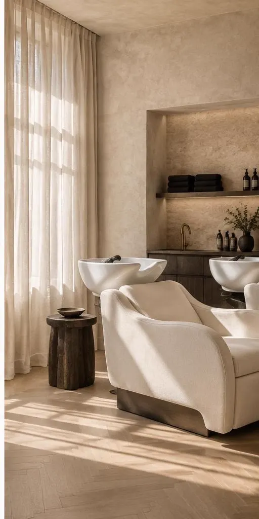Sunlit wash area with linen curtains